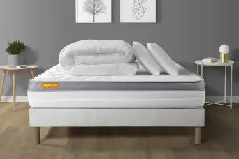 Pack lit complet - Matelas 140x200 cm + Sommier tapissier (monobloc) + 2 oreillers + Couette - Memo Zen