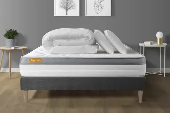 Pack lit complet - Matelas 160x200 cm + Sommier tapissier à lattes (en kit) + 2 oreillers + Couette - Memo Zen