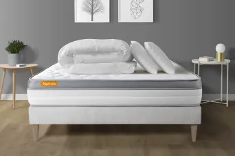 Pack lit complet - Matelas 140x200 cm + Sommier tapissier à lattes (en kit) + 2 oreillers + Couette - Memo Zen