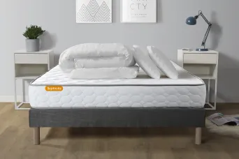 Pack lit complet - Matelas 140x190 cm + Sommier tapissier (monobloc) + 2 oreillers + Couette - Memo