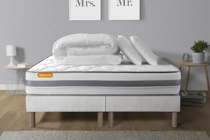 Pack lit complet - Matelas 160x200 cm + 2 Sommiers tapissier (monobloc) + 2 oreillers + Couette - Memo Spring