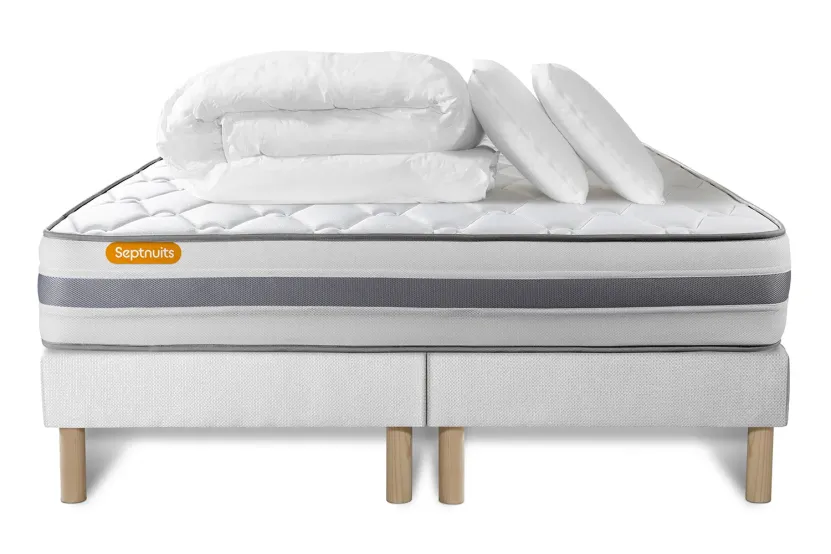 Pack lit complet - Matelas 160x200 cm + 2 Sommiers tapissier (monobloc) + 2 oreillers + Couette - Memo Spring