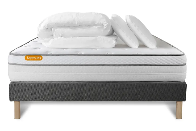 Pack lit complet - Matelas 140x200 cm + Sommier tapissier (monobloc) + 2 oreillers + Couette - Memo Luxe