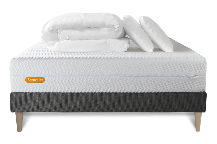 Pack lit complet - Matelas 140x200 cm + Sommier tapissier à lattes (en kit) + 2 oreillers + Couette - Memo Bio