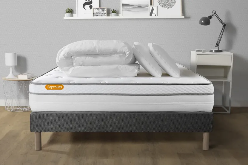 Pack lit complet - Matelas 140x200 cm + Sommier tapissier (monobloc) + 2 oreillers + Couette - Memo Luxe